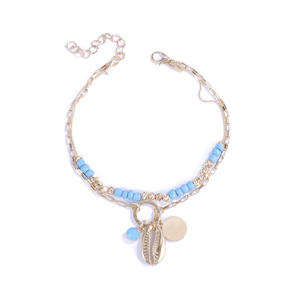 Gelang Kaki Liontin Shell Paduan Shell Kecil Segar Yang Dipersonalisasi Mengenakan Manik-Manik Logam Pirus Wanita Double-layer Anklet
