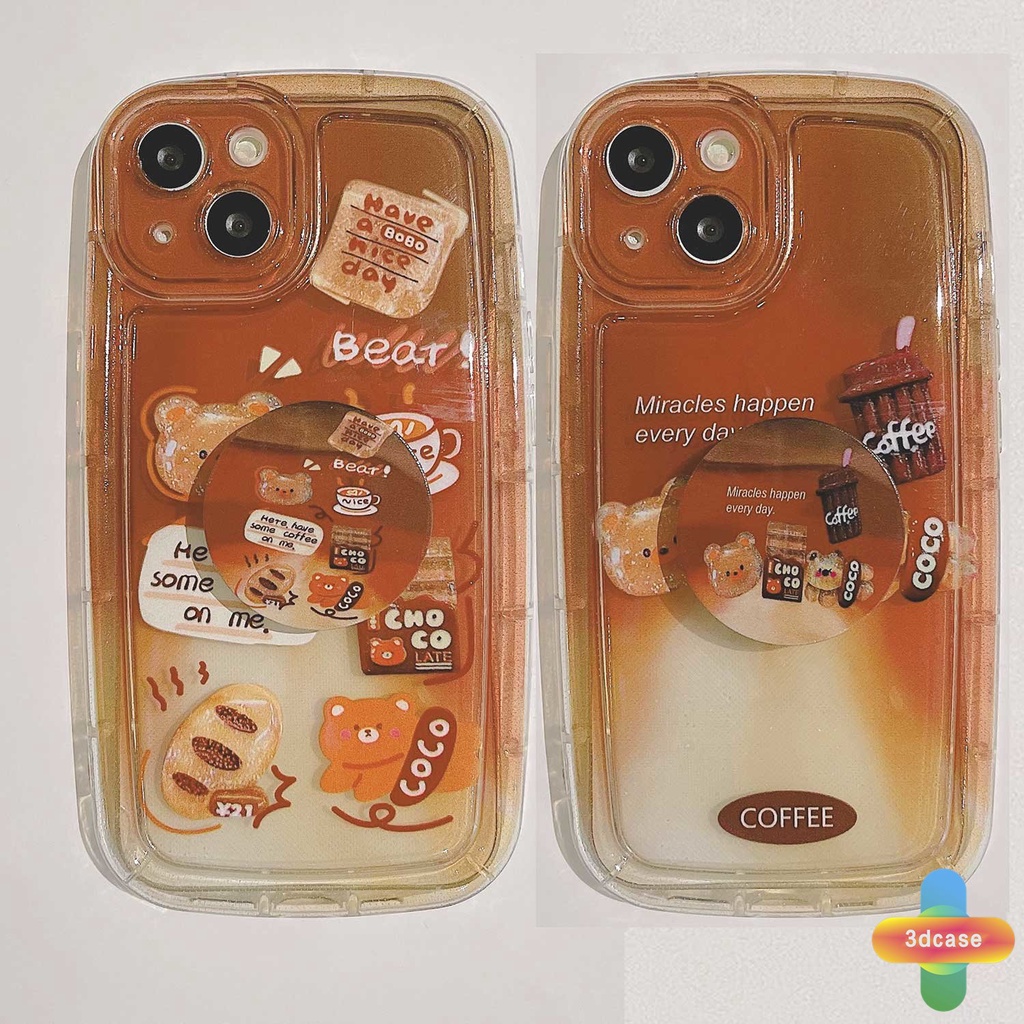 Compatible For Case IPhone 13 12 11 14 PRO MAX 6 7 6S 8 14 Plus X XR XS MAX 11 12 13 Se 2020 6SPlus 7Plus 6Plus 8Plus 14Plus XSMAX Gradual Cartoon Coffee Bear Transparent Soap Case With Stand