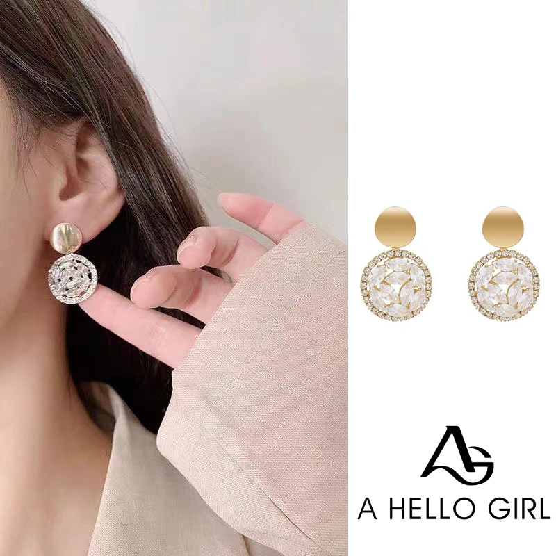 Anting Tusuk Bentuk Bulat Hias Berlian Imitasi Mewah Untuk Wanita