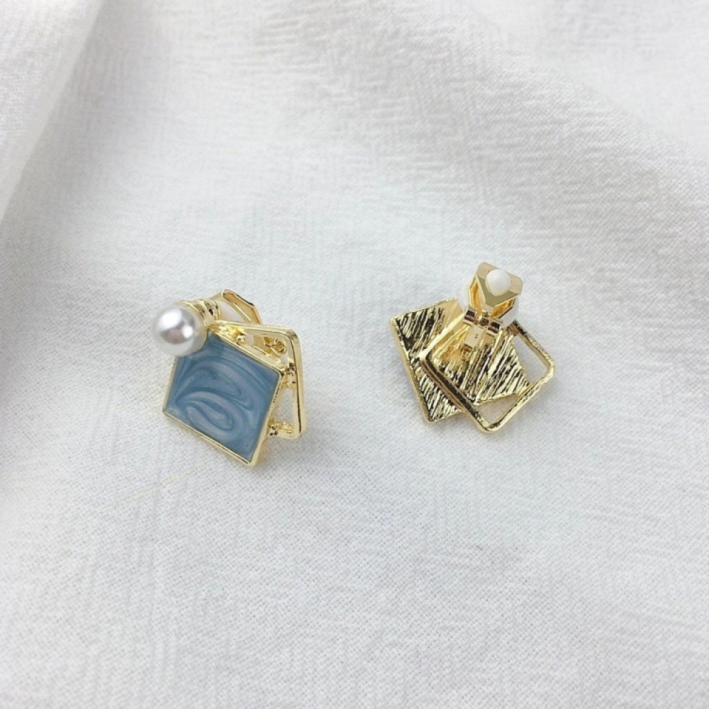 Enamel Biru Simulasi Mutiara Klip Telinga Non Tindik Wanita Anting Hadiah Pesta Earcuffs