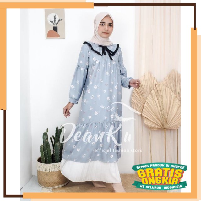 SERIES RAMADHAN RAYA 2023 DeanKu Lisa Midi Dress Gamis Daily Wanita Motif Bunga Kuncup Lengan Panjan