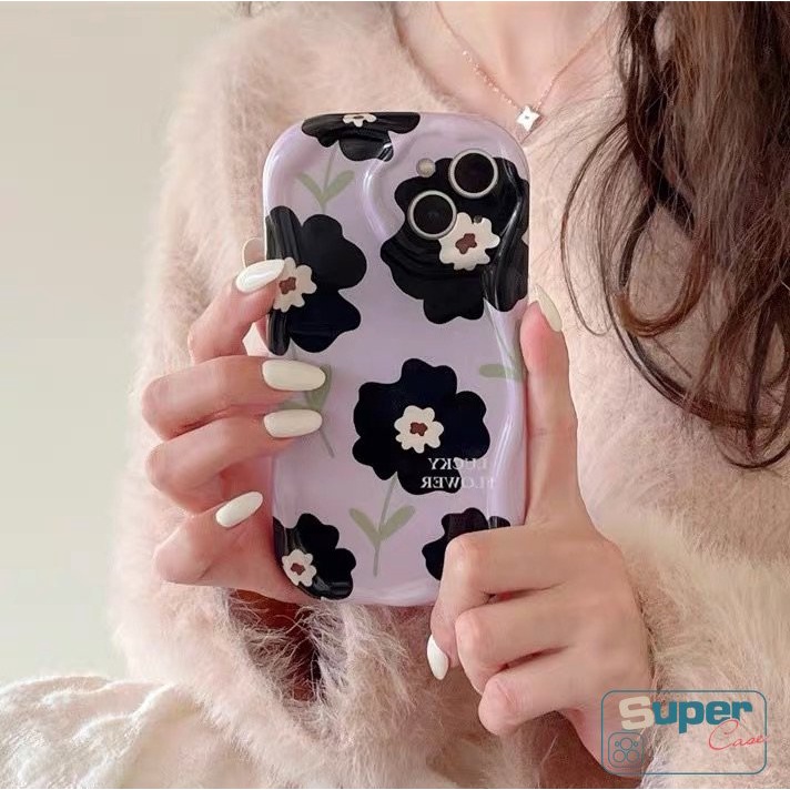 IPHONE Floral Soft Tpu Glossy Phone Case Kompatibel Untuk Iphone7-8 6s 6 Plus XR 13 11 12 14 Pro Max X XS Max SE 2020 Fresh Flower Purple 3D Wavy Curved Edge Shockproof Airbag Cover