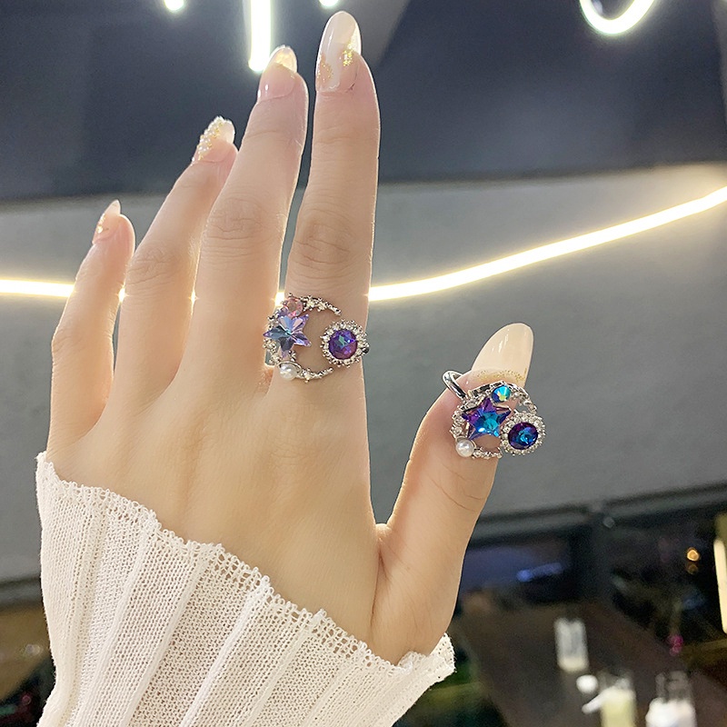 Retro Bulan Bintang Warna Perak Cincin Berlian Imitasi Mutiara Logam Rings Desain Terbuka Cincin Yang Dapat Disesuaikan Pacar Pasangan Rings Wanita Aksesoris Fashion