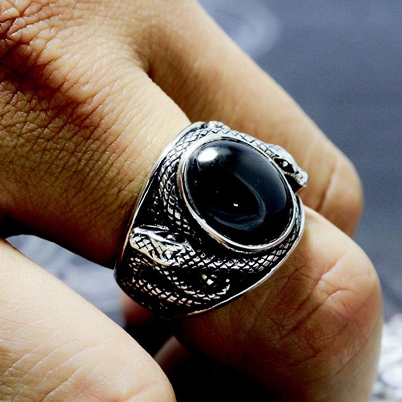 Punk Cincin Batu Permata Hitam Untuk Pria Perhiasan Vintage Kuno Warna Perak Salib Ular Diukir Logam Oval Zirkon Jari Cincin Hadiah