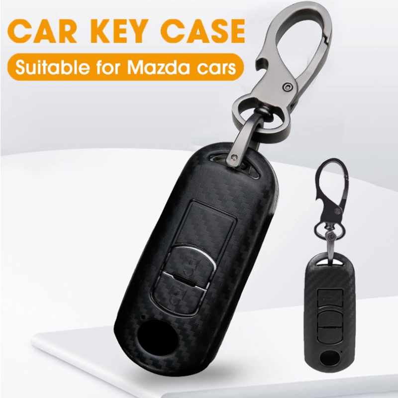 Fob Kunci Mobil Cover Shell Carbon Lines Pattern Key Case ABS Hitam Tahan Debu Tas Kunci Otomotif Portable Full Coverage Key Box Frosted Sarung Kunci Mobil Untuk Model Seri MAZDA