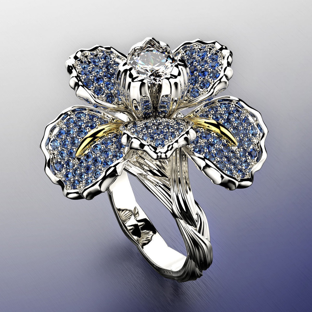 Goldkingdom Fashion Perhiasan Aksesoris Ready Stock Wei Berlian-Berukir Iris Ganda-Warna Cincin Eropa Dan Amerika Topaz Biru Bunga Pertunangan Cocktail Ring