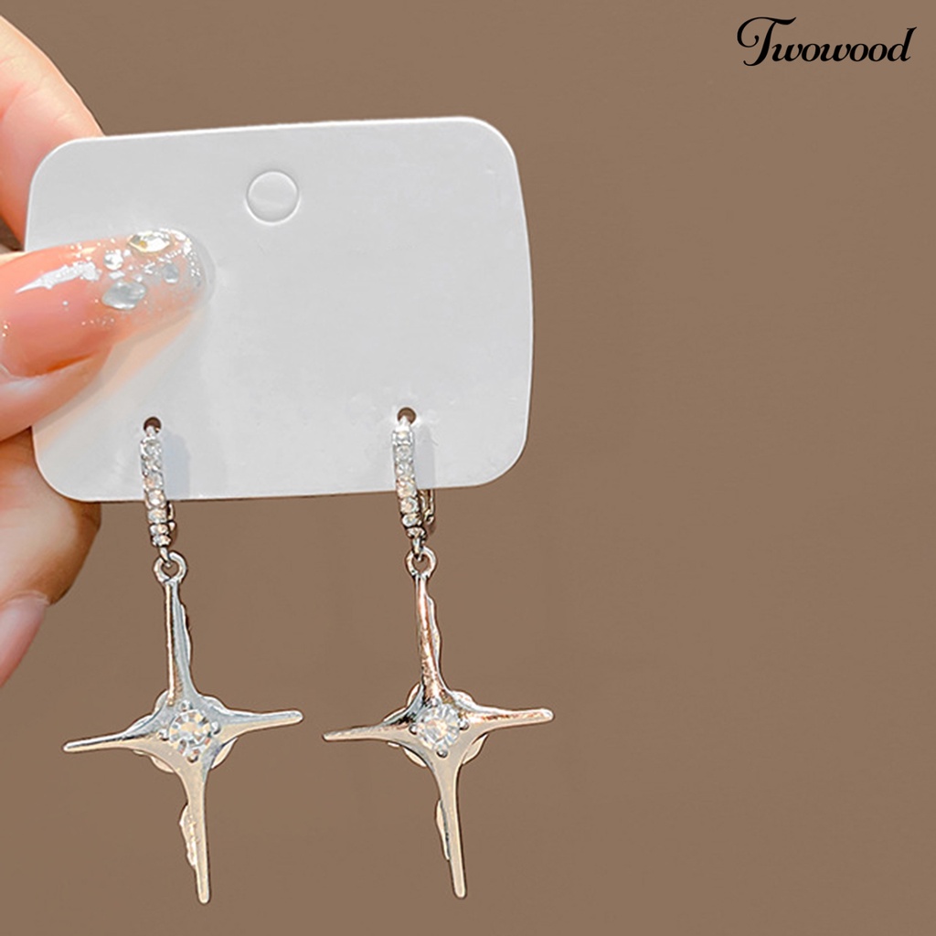 Twowood 1pasang Menjuntai Anting Temperamen Sederhana Terang Kilau Geometris Electroplating Hias Hadiah Wanita Liontin Salib Hoop Earrings Perhiasan Untuk Pacaran