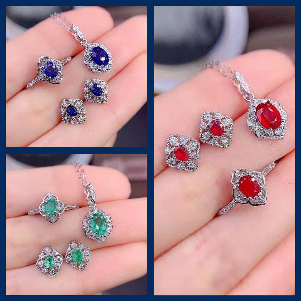 Goldkingdom Fashion Perhiasan Aksesoris Ready Stock Simulasi Pigeon Ruby Suit Es Bunga Warna Hijau Harta Karun Kalung Anting Cahaya Terbuka Cincin