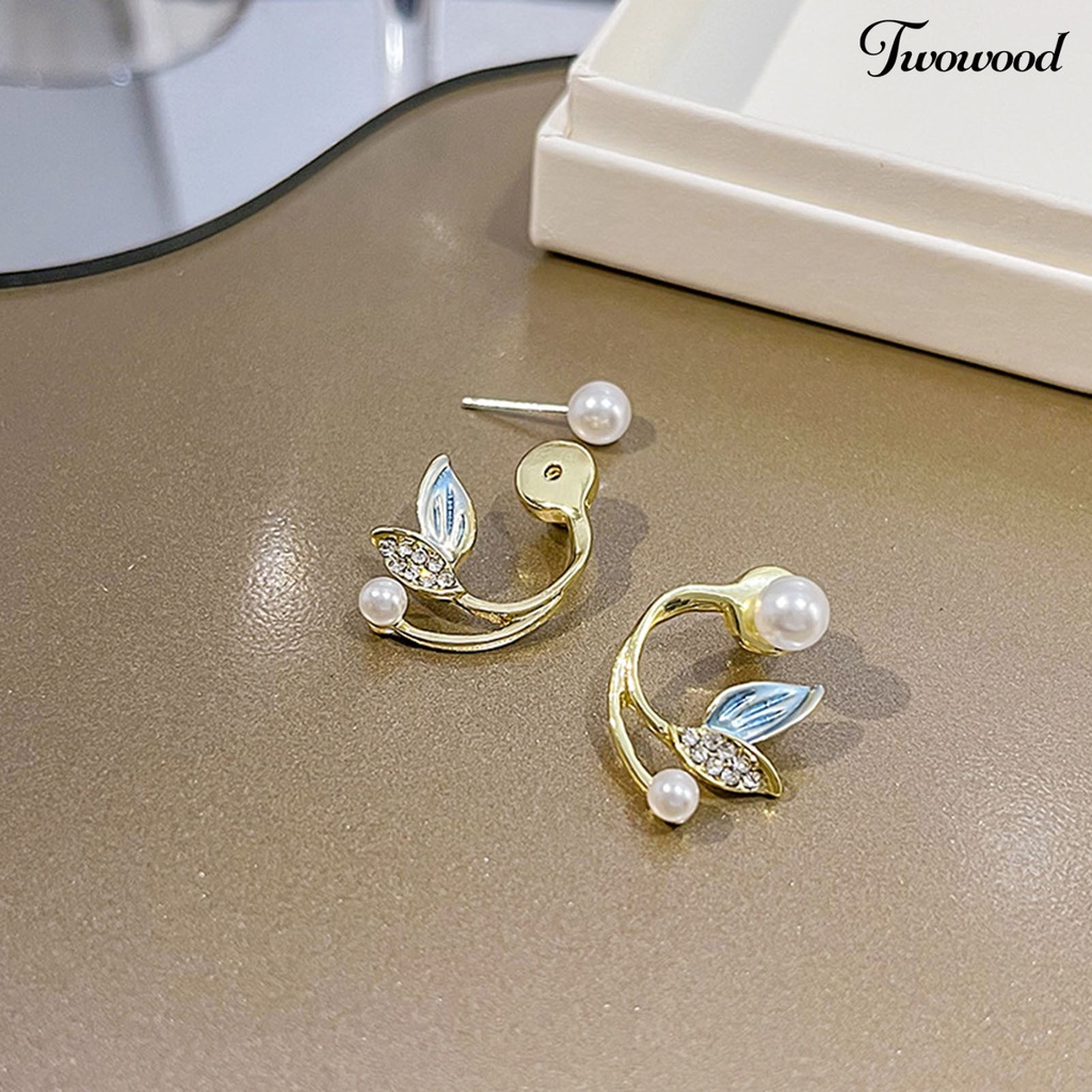 Twowood 1pasang Anting Tusuk Glitter Mutiara Imitasi Dekorasi Telinga Retro Temperamen Mermaid Tail Shape Rhinestone Earrings Untuk Perjamuan