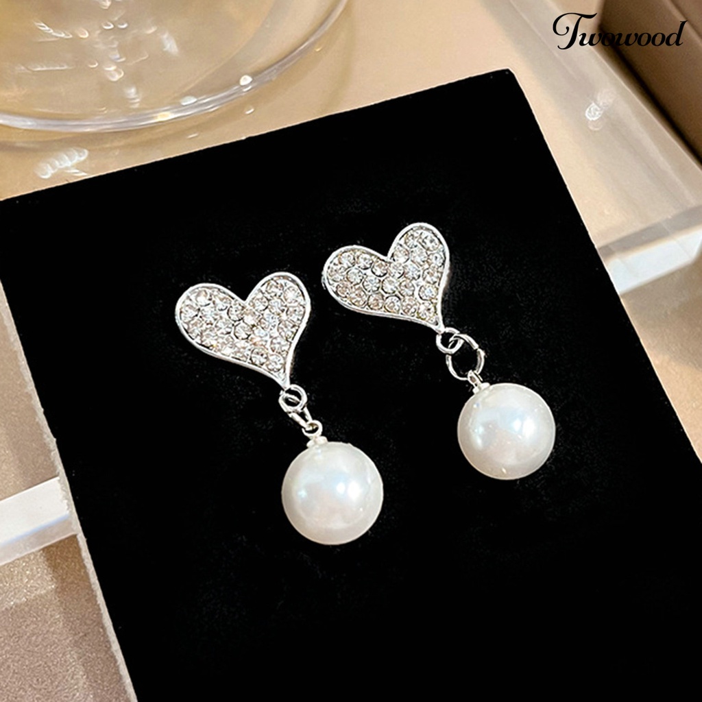 Twowood 1pasang Anting Menjuntai Shiny Ear Decoration Gaya Korea Berlian Imitasi Cinta Hati Mutiara Imitasi Temperamen Anting Tusuk Untuk Pacaran