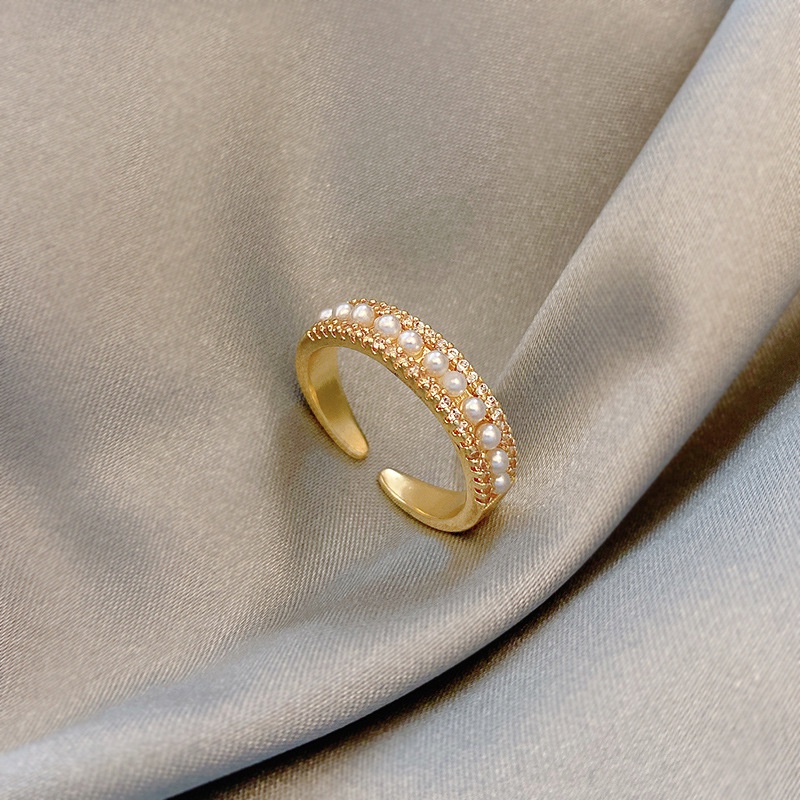Cincin Mutiara Berlian Berkilau Emas Pembukaan Aksesori Tahan Karat Wanita Korea Tidak Luntur