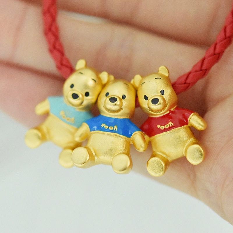 Goldkingdom Fashion Perhiasan Aksesoris Ready Stock Berlapis Emas Asli Kadar 375 3D Emas Asli Kadar 375 Kuning Kartun Pooh Dip Lem Baking Cat Transfer Gelang Dengan Manik-Manik