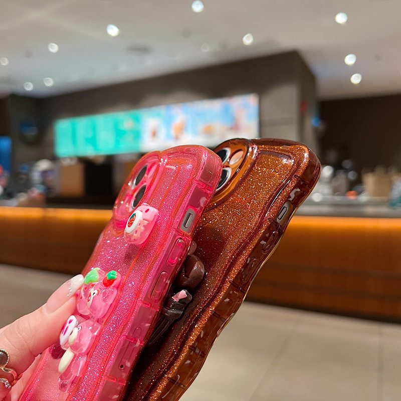 【Wave Doll】Cute LOTSO Soft Case iPhone X XR XS Max 11 12 13 14 Pro Max Strawberry Bear Cartoon Clear Phone Case Camera Protect Pink