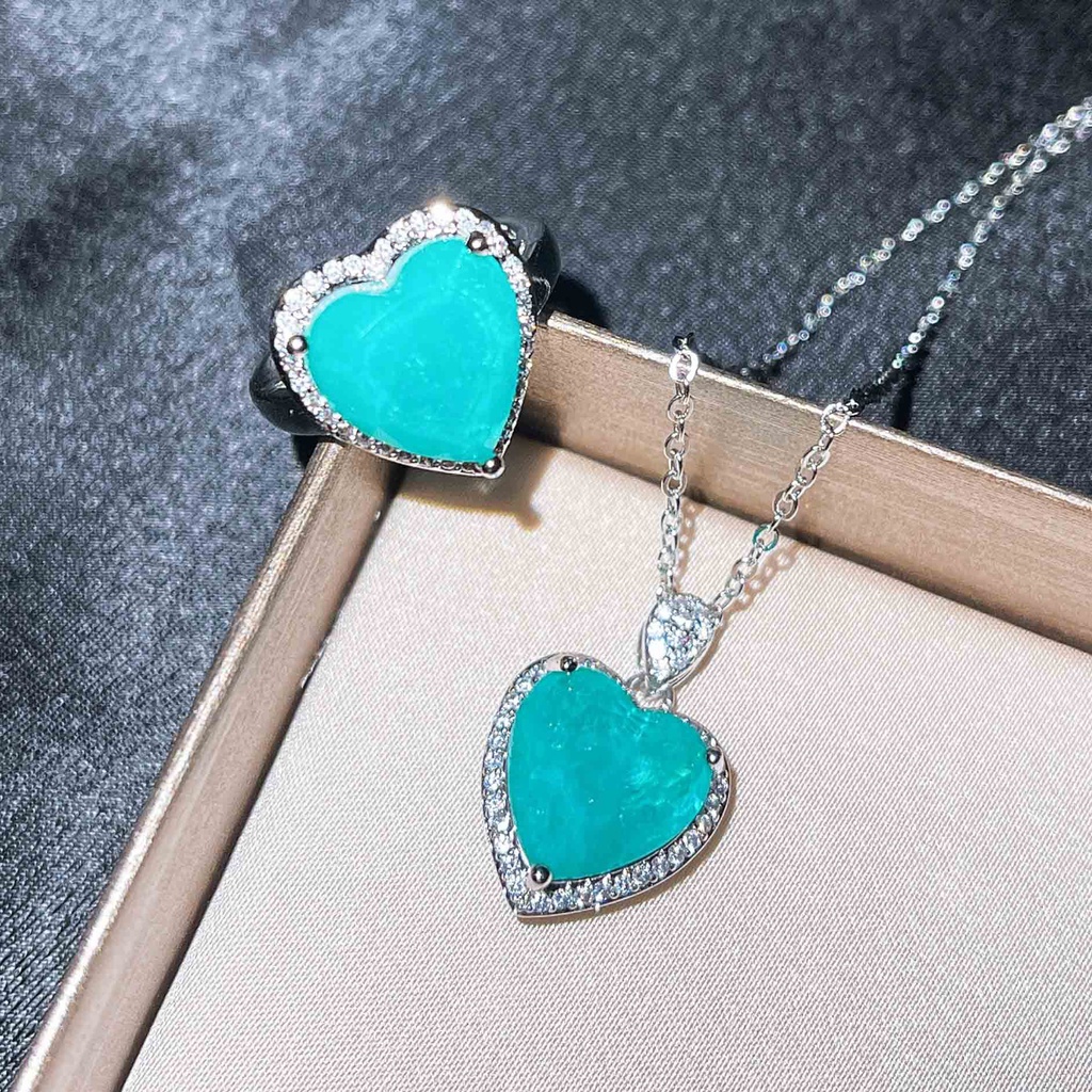 Goldkingdom Aksesoris Perhiasan Fashion Ready Stock Perhiasan Yang Dipilih Dengan Teliti Grosir Imitasi Alami Paraiba Set Berbentuk Hati Cincin Liontin Kalung Hadiah