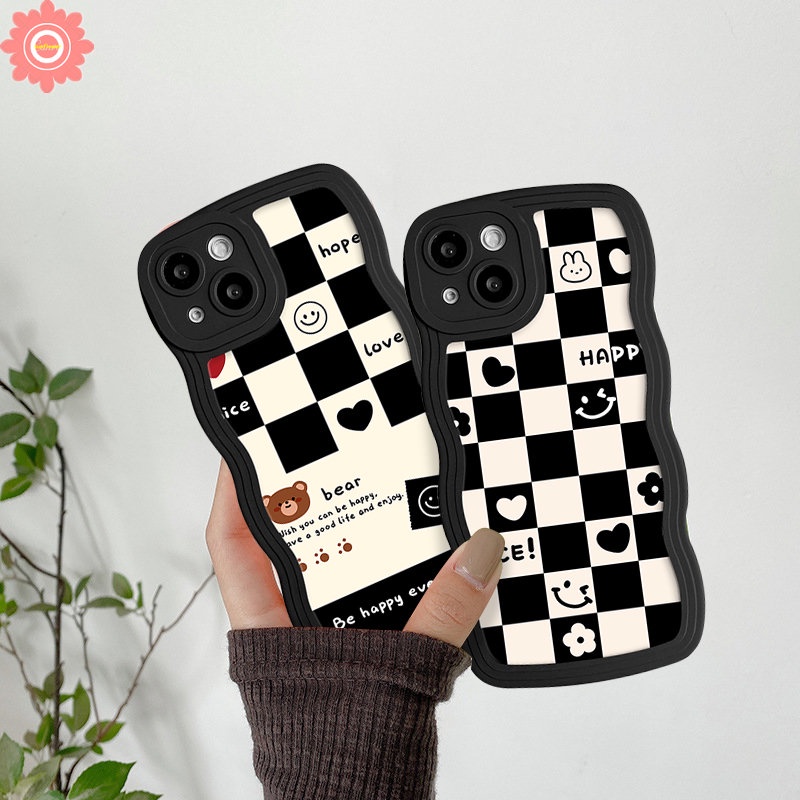 Case Papan Catur Fashion Realme C53 C55 C12 C15 C30 C35 5 6i 9i 8 8i 7i 5i 7 5s 10 C21Y C25 C33 C11 C25Y C25s C20 8Pro 9 C3 C17 Cute Bear Love Hati Smile Lembut Bergelombang Edge Case