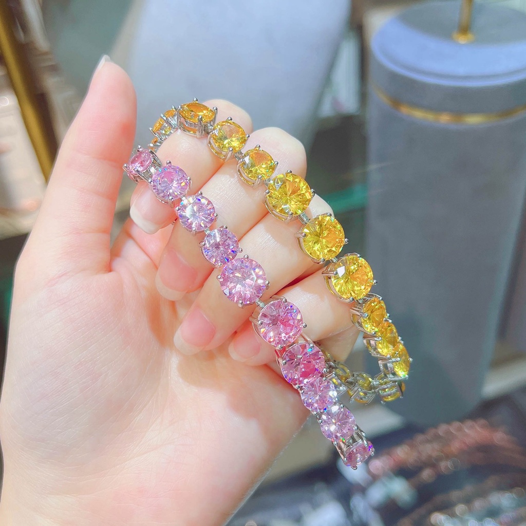 Goldkingdom Fashion Perhiasan Aksesoris Ready Stock Cahaya Mewah Penuh Berlian Kuning Zirkon Gelang Perempuan Mewah Pink Kristal Merah Muda Berlian Gelang Perhiasan Grosir