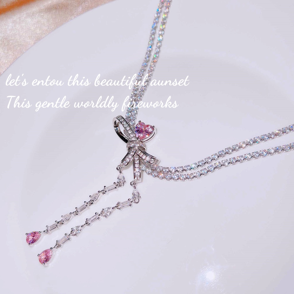 Goldkingdom Aksesoris Perhiasan Fashion Ready Stock Desainer Cinta Busur Rumbai Set, Anting Kupu-Kupu Peri Super, Kalung Berlapis Berlian Merah Muda Berbintang