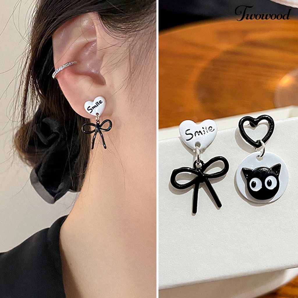 Twowood 1pasang Drop Earrings Desain Kartun Liontin Tidak Teratur Hypoallergenic Ultra-light Ear Ornament Aksesori Kitten Bow Stud Earrings Untuk Tanggal