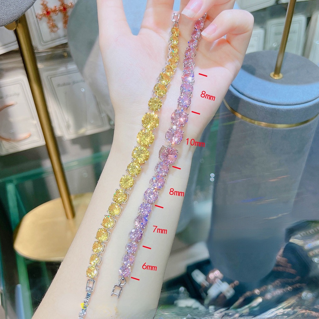 Goldkingdom Fashion Perhiasan Aksesoris Ready Stock Cahaya Mewah Penuh Berlian Kuning Zirkon Gelang Perempuan Mewah Pink Kristal Merah Muda Berlian Gelang Perhiasan Grosir