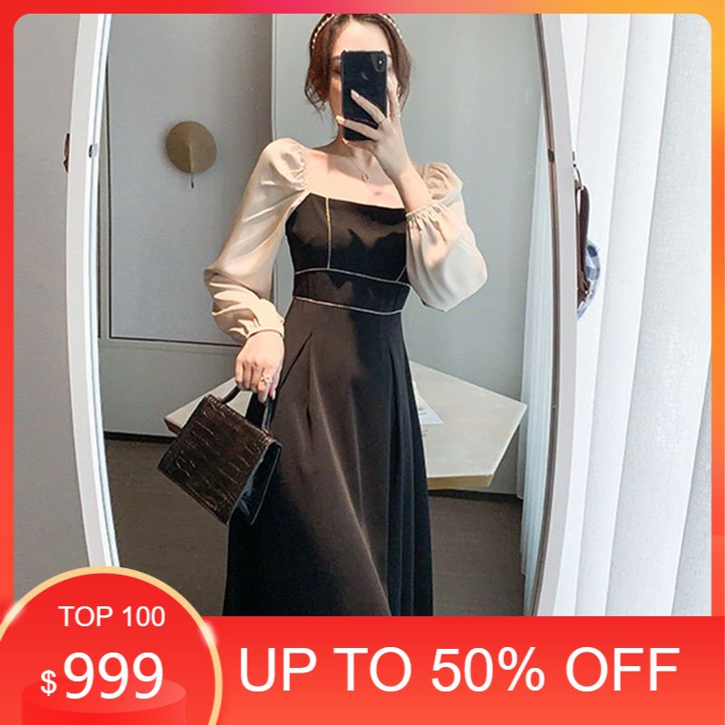 middi dress korea/ Dress Pesta Wanita Model Lengan Panjang Motif Lis Putih Dan Lengan Two Tone/ baju