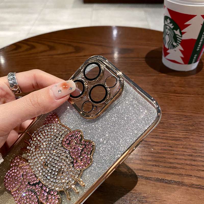 For iPhone 11 12 13 14 Pro Max Bling Bling Sparkly Diamond Hello Kitty Rhinestone Case Luxury Soft Silicone Gradient Women‘s Fashion