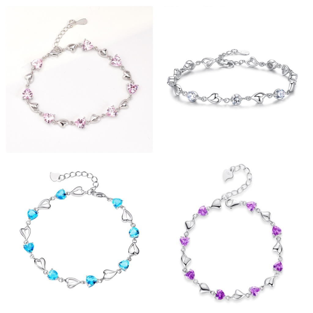 Goldkingdom Aksesoris Perhiasan Fashion Ready Stock Jepang Dan Korea Manis Hati Heart Biru Kristal Perak Berlapis Gelang Wanita Hati Sederhana Jantung Yang Sesuai Dengan Kerajinan Tangan
