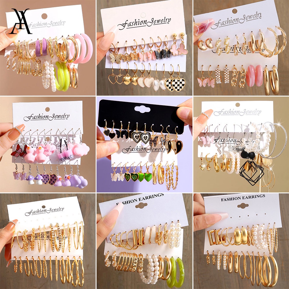 AY(CN) Set Anting Hoop Desain Hati Butterfly Duck Drop Warna-Warni Untuk Wanita