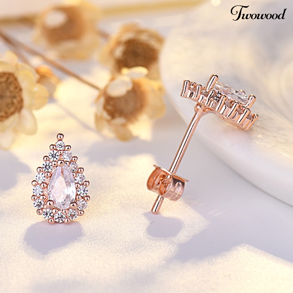 Twowood 1pasang Ear Studs Vintage Temperamen Shiny Cubic Zirconia Hias Electroplating Dress Up Hadiah Wanita Gadis Tetesan Air Stud Earrings Perhiasan Aksesoris