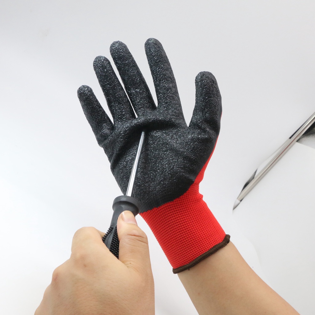 Yamata Sarung Tangan Rajut Kerja Pria Wanita Serbaguna Tukang Berkebun Pertukangan Perbengkelan Working Glove Tapak Karet Latex Finder hitam merah Set Bisa Untuk Touchscreen Handphone