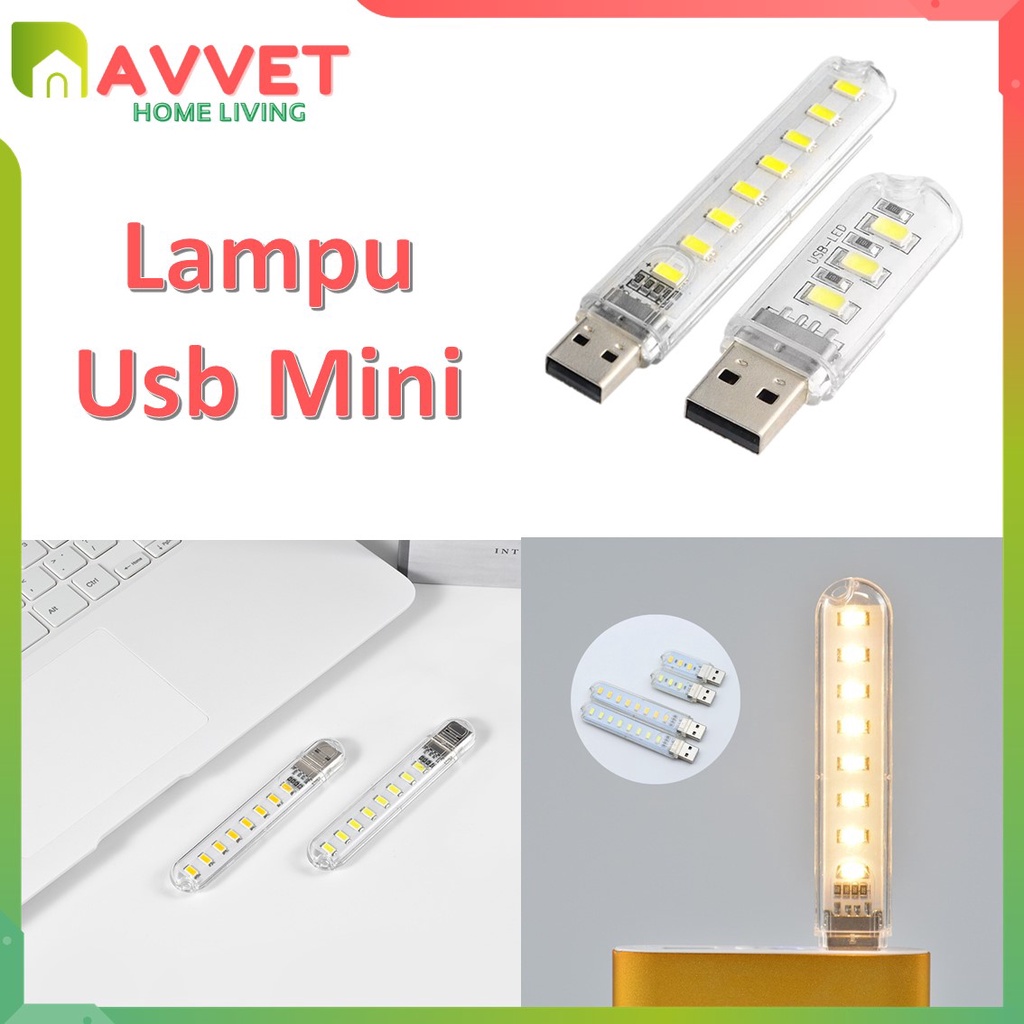 AVVET Lampu LED USB Mini 3 Mata Transparan  Lampu USB 8 Led Model Cool White  Lampu Emergency  Mini Lampu Kamar USB