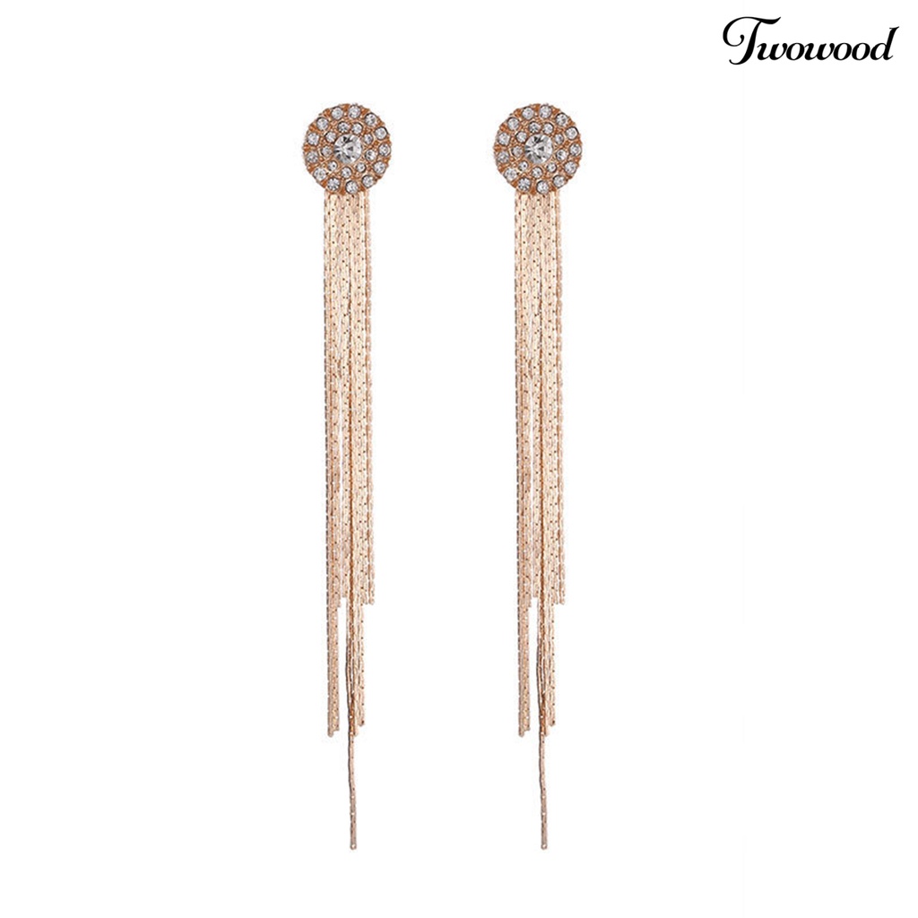 Twowood 1pasang Wanita Anting Kristal Imitasi Bersinar Rumbai Electroplating Lurus Gantung Berdandan Aksesori Panjang Rumbai Menjuntai Anting Gantung Perlengkapan Kostum