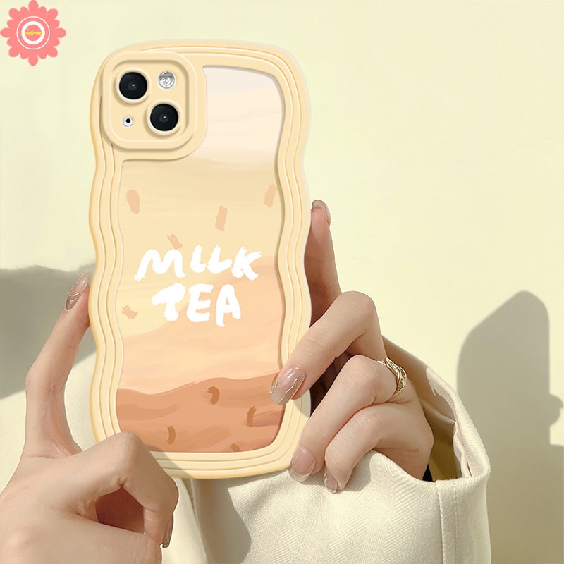 Compatible for iPhone 11 7 8 Plus 13 12 14 Pro Max XR 6s 6 X XS Max 14 Plus SE 2020 7Plus Protect Lens Cute Milk Tea Pattern Soft Wavy Edge Back Cover