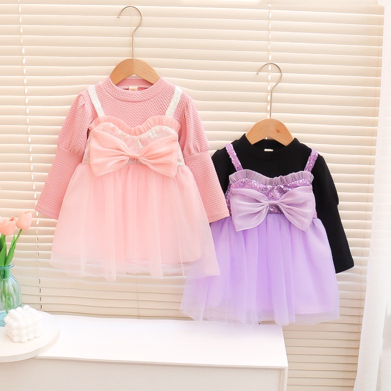 JJ80 NEW Dress lengan panjang anak perempuan motif 1 pita besar dengan manik-manik