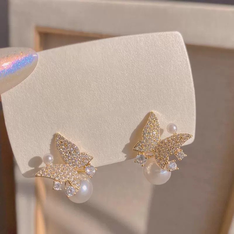 Jepang Japan Korea Selatan Gaya Baru Elegan Kupu-Kupu Berlian Imitasi Mutiara Temperamen Anting Fashion Unik