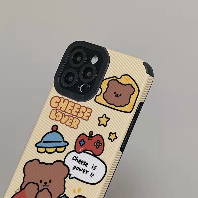 【Lamb Skin】Cute Cheese Lover Bear Soft Case for IPhone 6S 7 Plus 8 Plus X XS XR XS Max 11 13 12 14 PRO Max 14 Plus 12 13 Mini Camera Protect Women's Cartoon