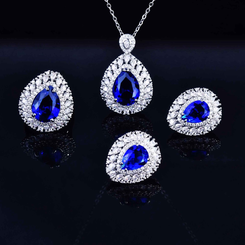 Goldkingdom Fashion Perhiasan Aksesoris Ready Stock Harta Karun Warna-Warni Set Imitasi Alami Srilanka Cornflower Safir Liontin Terbuka Cincin Anting