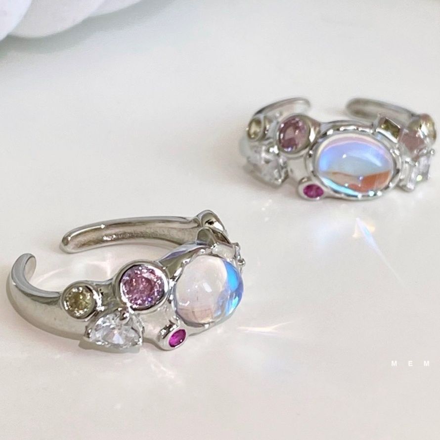 Colorful Moonstone Rings for Women Silver Zircon Open Ring Accessories