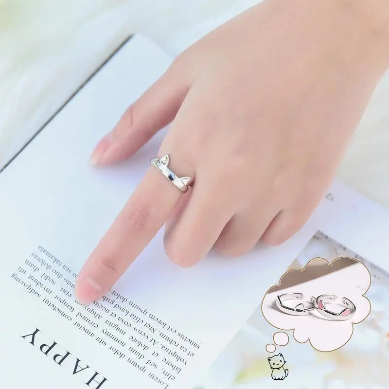 Cincin Pasangan Adjustable Cakar Telinga Kucing Yang Indah/Cincin Jari Hewan Warna Perak Sederhana/Perhiasan Pesta Pernikahan Ulang Tahun Wanita Minimalis