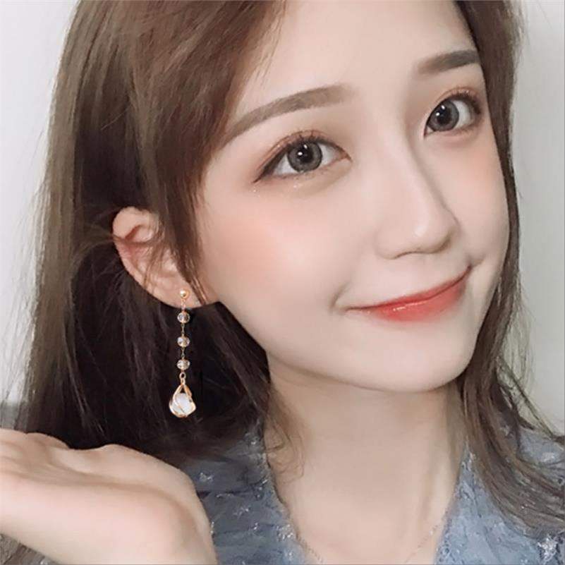 Versi Korea S925 Perak Jarum Berkelas All-Match Kristal Rumbai Anting Panjang Perempuan Opal Hias Liontin Anting Earrings