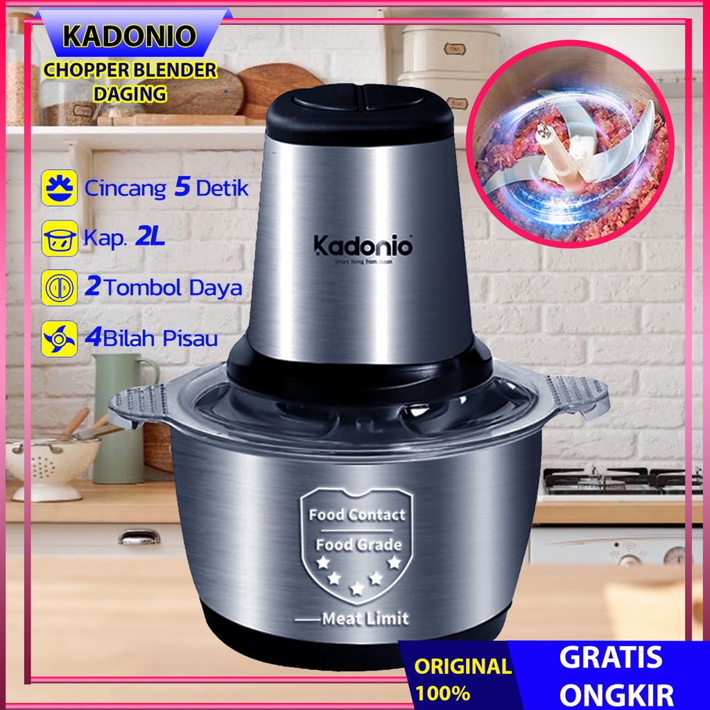 KADONIO Blender Daging Chopper Stainless 2L Penggiling Daging Multifungsi Meat Grinder KL-FB01