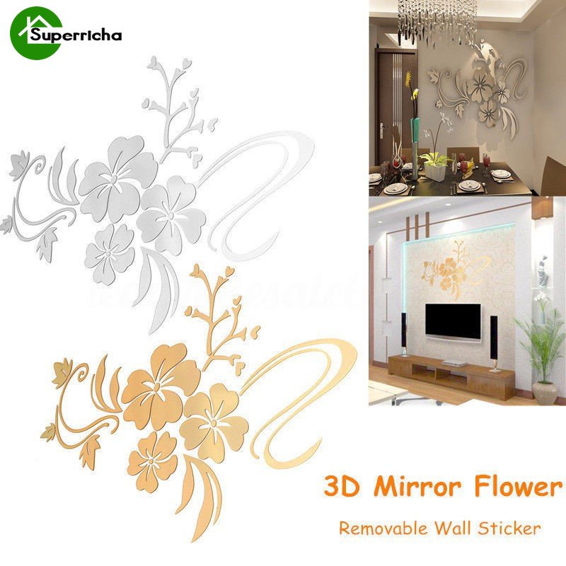 Hot Sale/Removable 3D Mirror Flower Art Stiker Dinding Acrylic Mural Decal Dekorasi Kamar Rumah