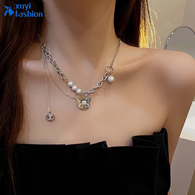 Kalung Mutiara Anime Lucu Rantai Titanium Steel Silver Untuk Aksesoris Perhiasan Fashion Wanita