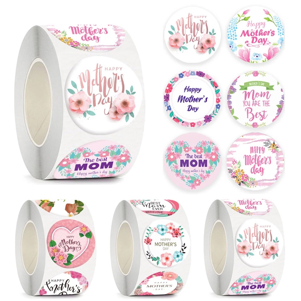 500pcs/roll Mother's Day Round Stiker Thanks Card Amplop DIY Craft Tag Gift Box Dessert Label Dekoratif Kertas Label Festival Perekat Diri