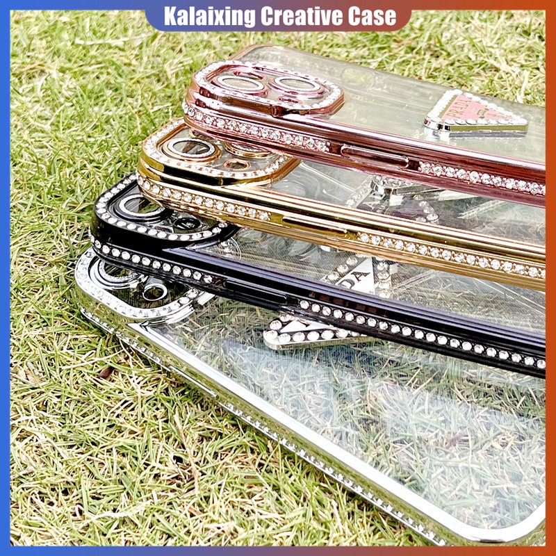 Casing Ponsel Prada Bertabur Berlian Untuk iPhone 14 Pro Max 13 Pro 12 Pro 11 Pro Max Transparan Plating Soft Casing Cover Belakang