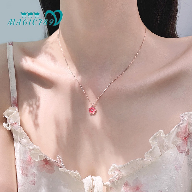Magic789 Manis Bersinar Zirkon Merah Muda Bunga Liontin Emas Kalung Untuk Wanita Perempuan Lucu Blossom Tulang Selangka Rantai Temperamen Aksesoris Leher