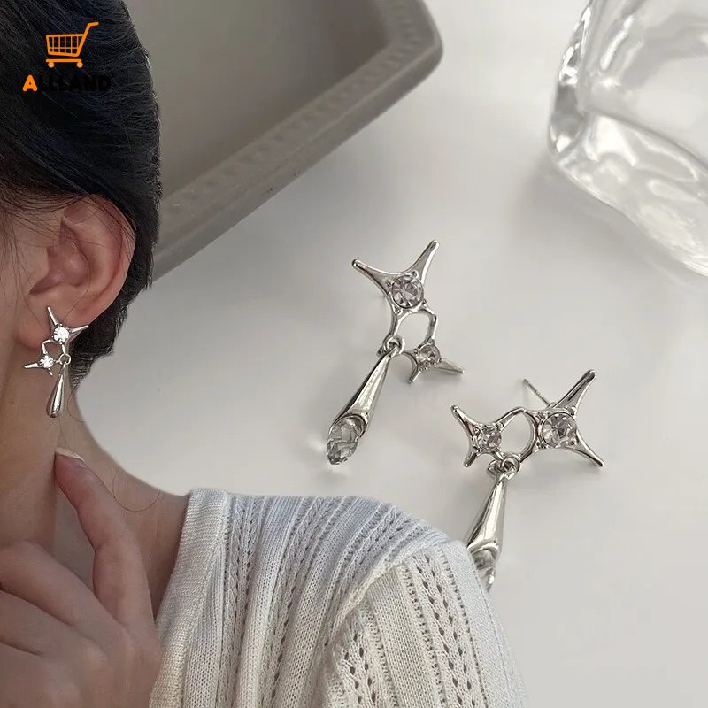 Anting Berlian Imitasi Sparkle Drop Sederhana/Anting Bintang Salib Temperamen Elegan/Aksesoris Perhiasan Pesta Wanita