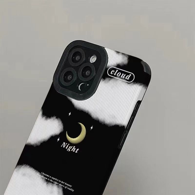 Black &amp; White Cloudy Moon Soft Case iP iPhone 7 8 Plus SE 2020 X XR XS Max 11 12 13 14 Pro Max FTD Stripe Casing Apple