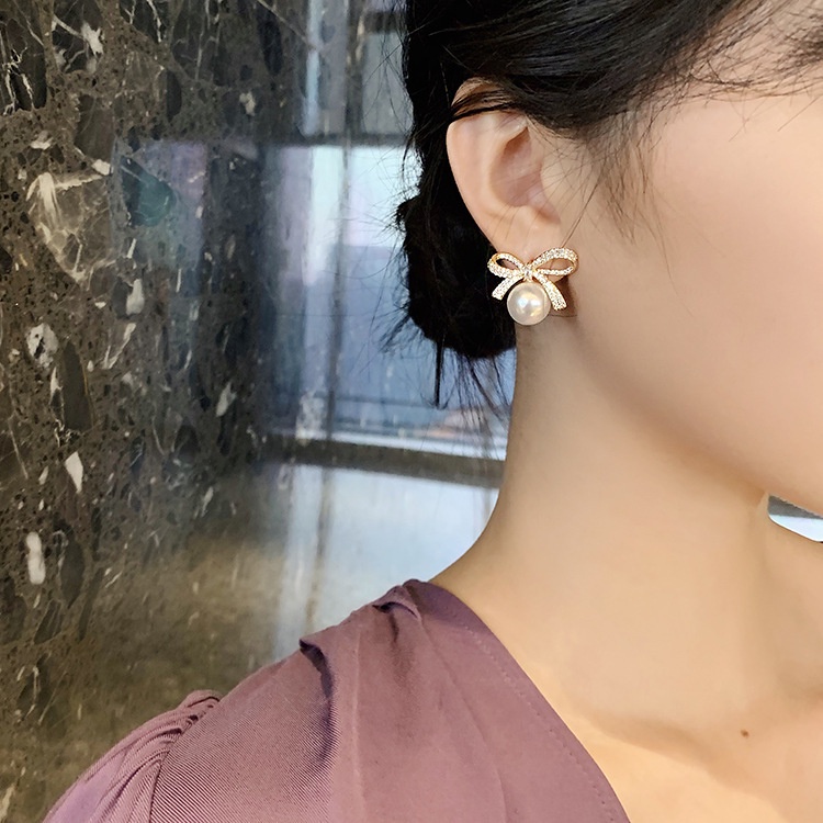 S925 Perak Jarum Korea Berlian Busur Mutiara Temperamen Manis All-Match Anting Earrings Wanita