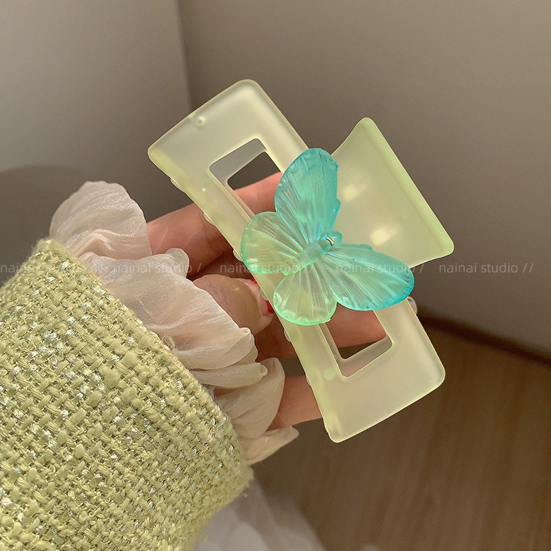 Love Butterfly Grab Clip Frosted Tembus Hairclip Persegi Silang Hijau