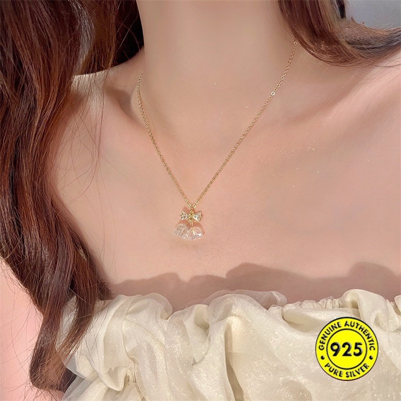 S925 Perak Kristal Busur Bell Kalung Manis Elegance Pendant U1591